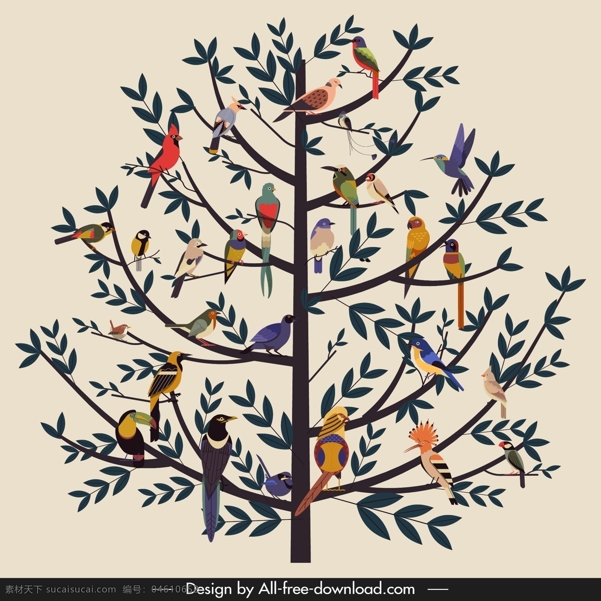 停 满 树梢 鸟类 创意 树枝 矢量图 格式 矢量 高清图片