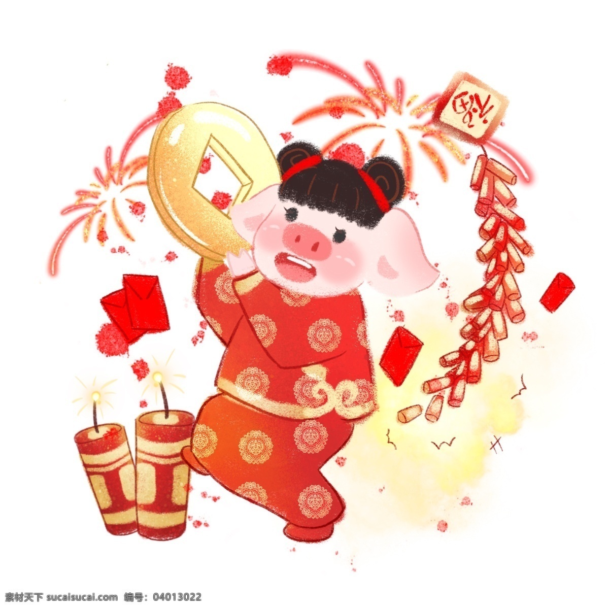 金 猪 拜年 2019 年 发财 猪年 金猪 小猪猪 金猪猪 2019年 恭喜发财 喜庆 祝福 过年 卡通风 童话风 插画 壁纸 装饰画