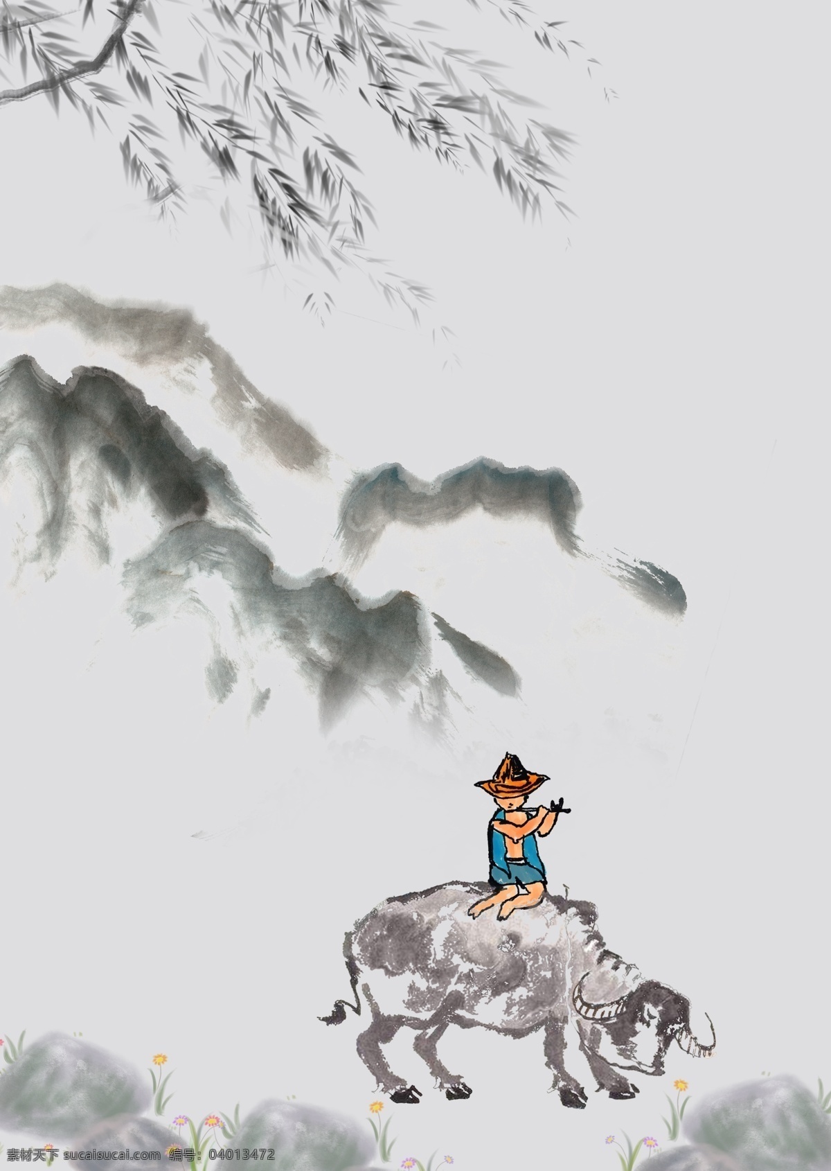 清明 牧童 骑 牛 插画 海报 背景 泼墨 山水 柳树 水牛 远山 石头 花草 扫墓 春天 黑色 白色 墨色 骑牛