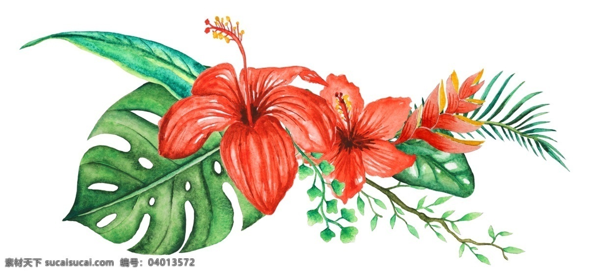 夏日 水彩 植物 装饰 图案 小清新 热带 绘画 涂鸦 绿叶 树叶 海滩 龟背竹 装饰画 花朵 花卉 创意 装饰图案 鸟雀 火烈鸟 鸟 分层