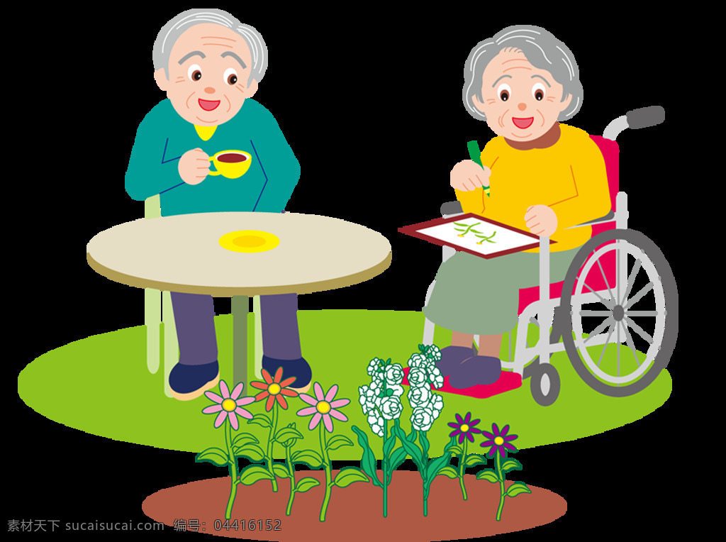 一起到老 轮椅老奶奶 卡通 动漫 老人 设计素材 牵手 安度晚年