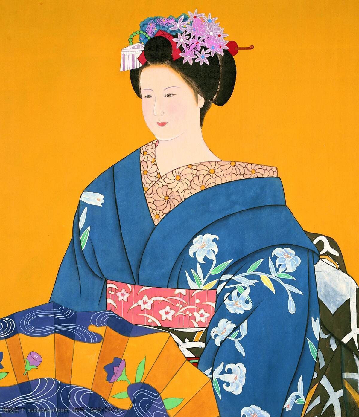 美术绘画 日本人 美女 日本 仰卧 蹲座 花 观赏 衣裳 高清图片 文化传统 绘画书法 文化艺术