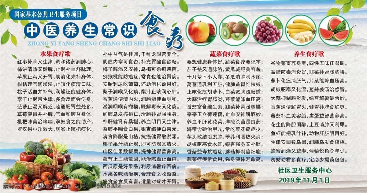 中医养生 常识 食疗 树叶 背景 水果 果蔬 五谷 粮食 展板模板