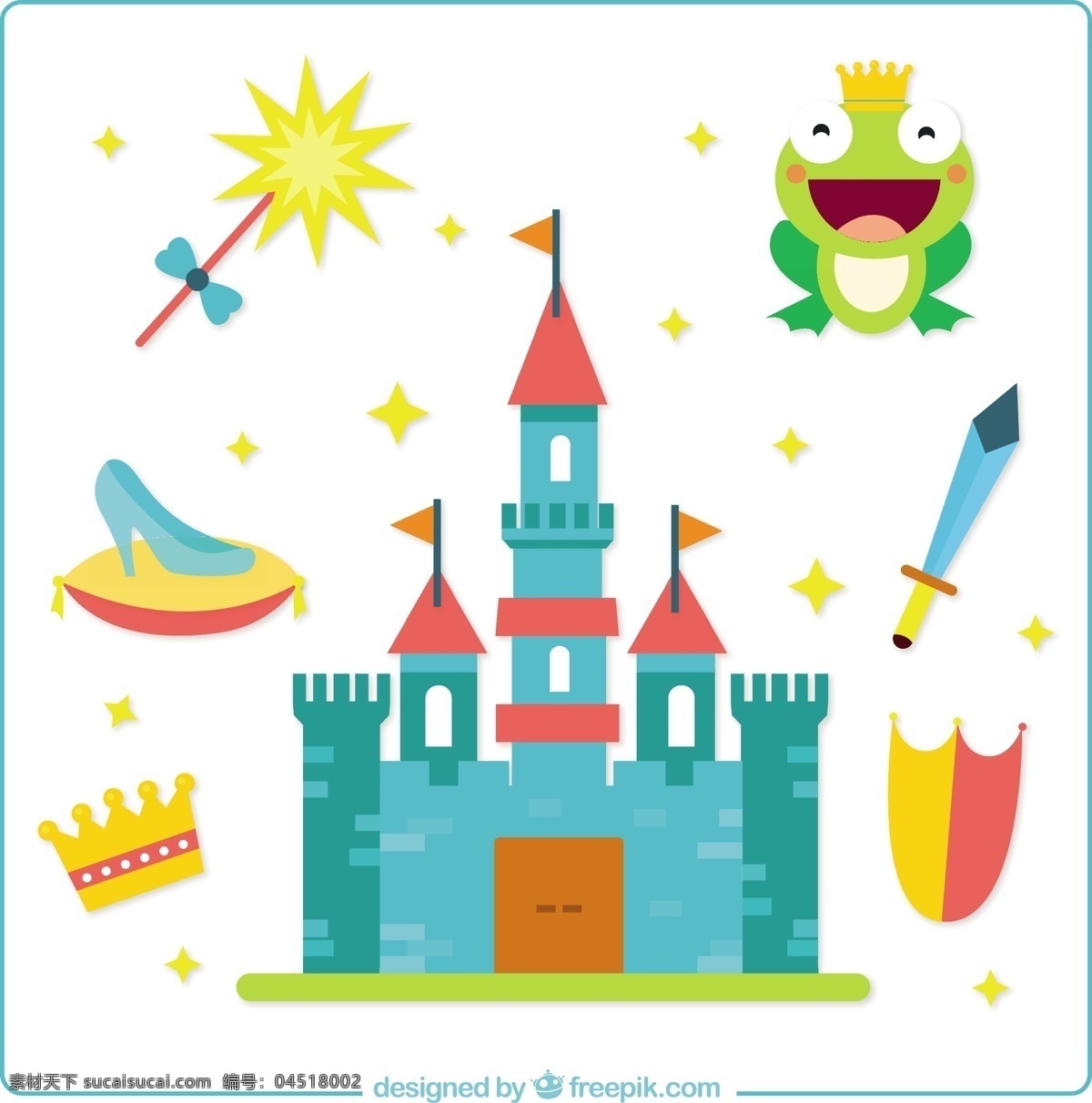 平面设计 中 童话 元素 皇冠 屏蔽 平面 星星 可爱 城堡 创意 梦想 剑 青蛙 创造力 幻想 想象 美好 棒 白色