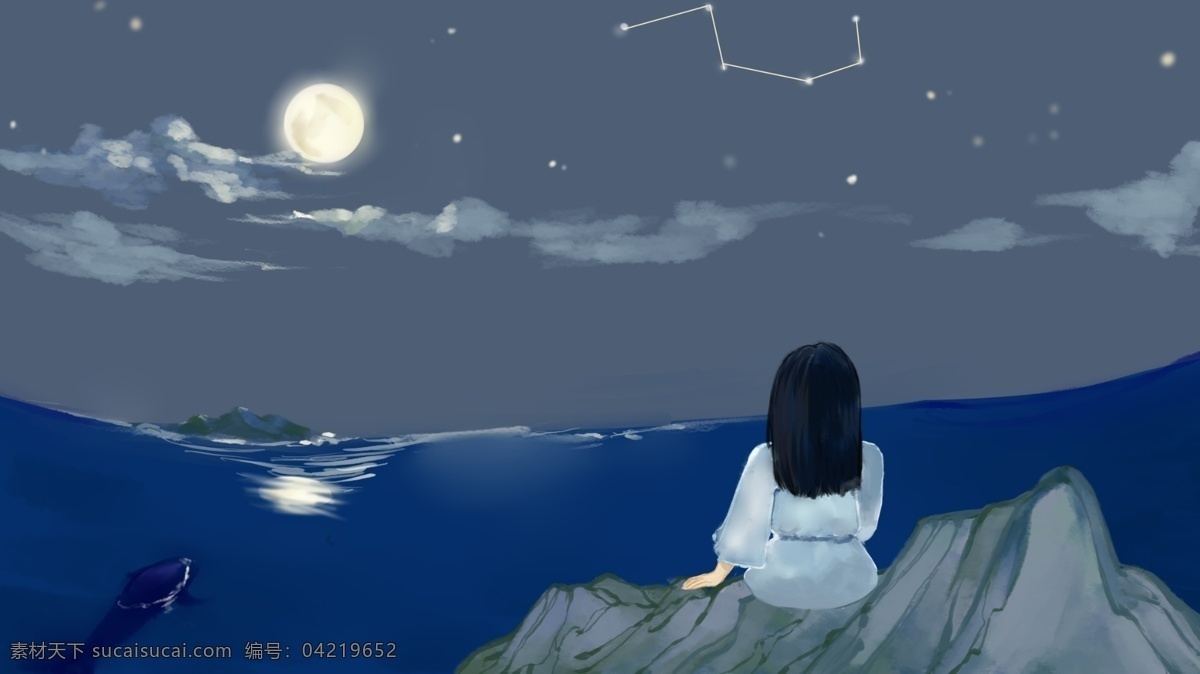 你好 晚安 女孩 望月 插画 海面 夜晚 你好晚安