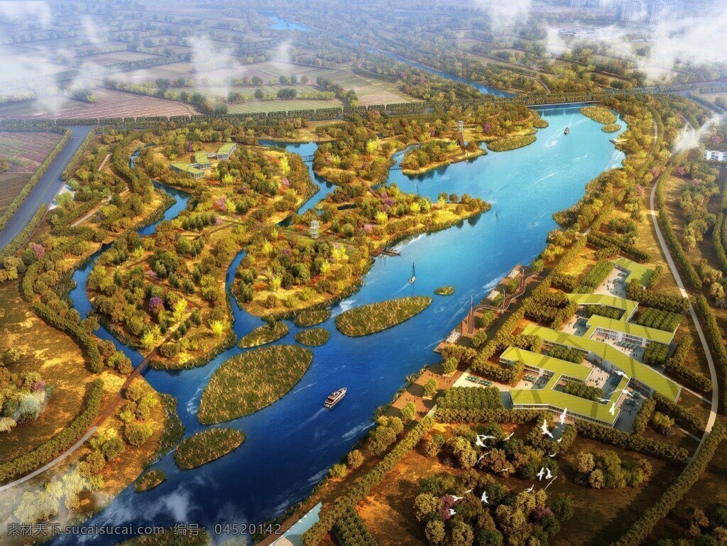 河道 鸟瞰 秋景 园林 效果图 水 景观