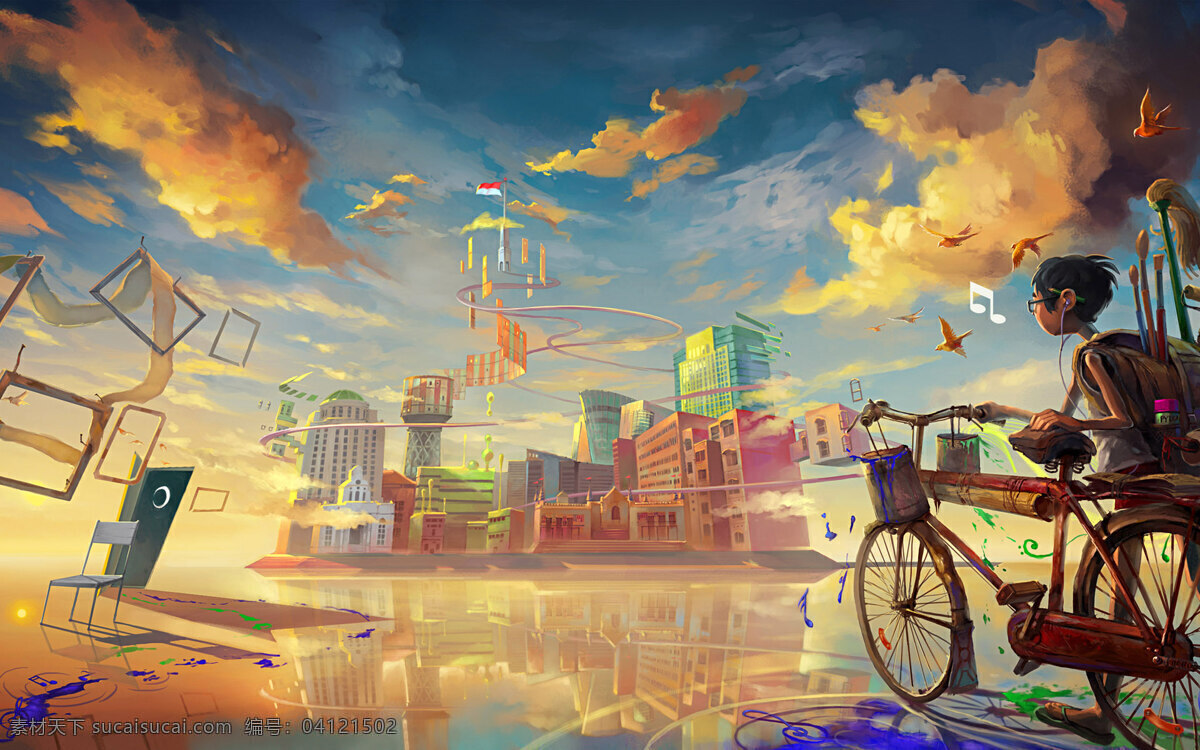 炫彩城市 油画 自行车 环游世界 彩云 浪漫 画家 画笔 镜面 动漫动画 风景漫画 设计图库