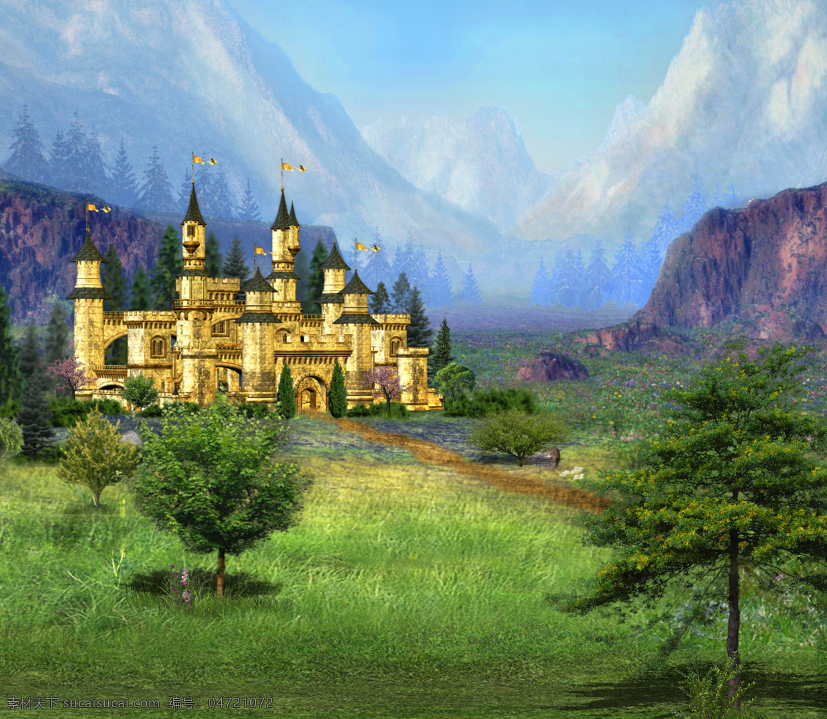 外景 城堡 大图 草原 大山 蓝天 树林 外景大图 背景图片