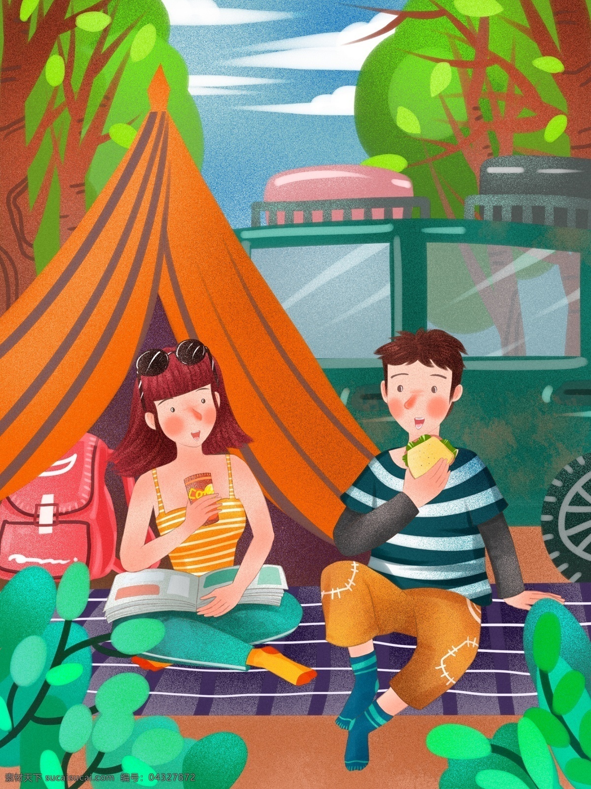 情侣 自驾 旅行 途中 支 帐篷 休息 清新 肌理 插画 背包 车 旅行记 自驾游 途中休息 野外 太阳镜 行李 肌理写实