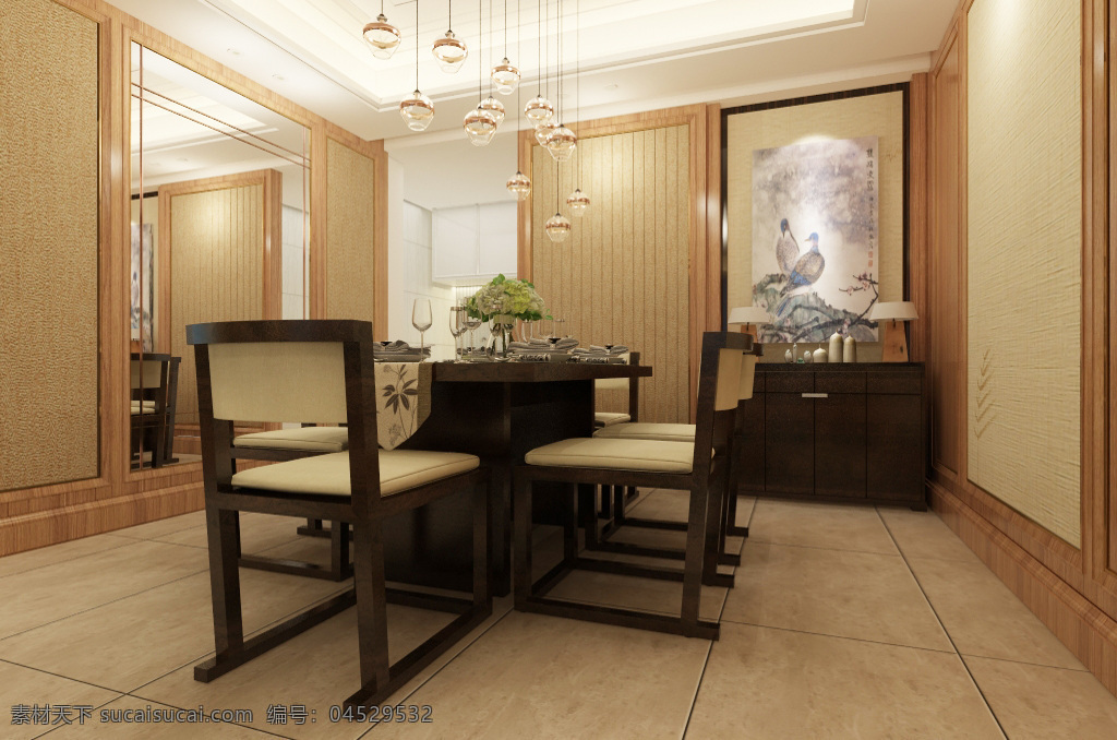 新 中式 风格 餐厅 装饰装修 效果图 装饰画 餐桌 室内装修 室内设计 3d模型 新中式风格 新中式餐厅 餐厅效果图 边柜