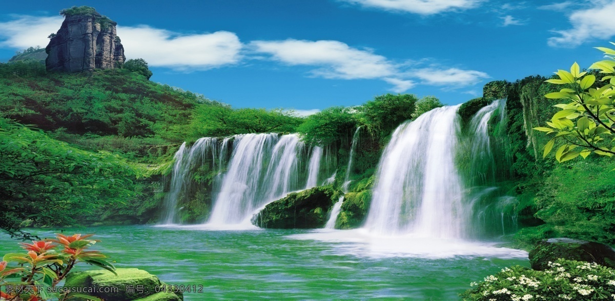 蓝天 绿水 高山 瀑布 psd分层 背景 背景墙 风景画 自然景观 自然风光