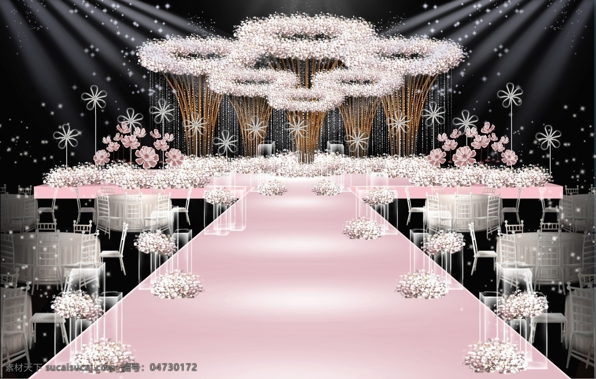 粉 金色 系 婚礼 舞台 效果图 粉色花艺 水晶链素材 唯美浪漫 小清新婚礼 白色桌椅素材 花开 富贵 花器 白色 铁艺 花 粉色 方形 亚克力 柱