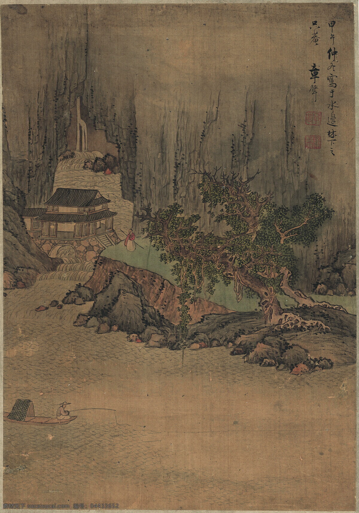 传统 山水 水墨 国画 明 蓝瑛画 传统国画 中国风挂画 山水画 字画 风景画 水墨山水 复古色调 古董画 山脉植物 淡彩 文化艺术 绘画书法