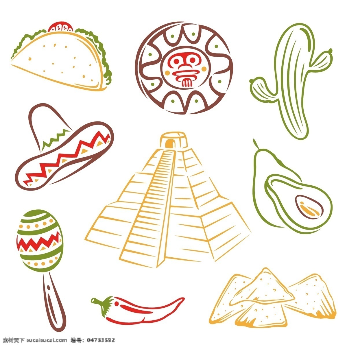 卡通 墨西哥 物品 帽子 辣椒 金字塔 食物 墨西哥国旗 矢量图案 边框底纹 背景图案 生活百科 矢量素材 白色