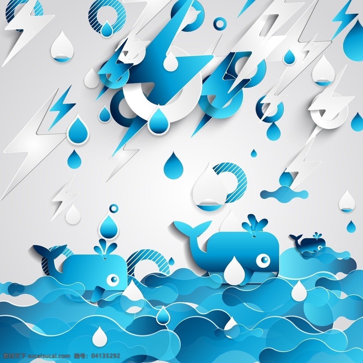 蓝色 扁平 立体 海豚 插画 海洋 动物 水滴