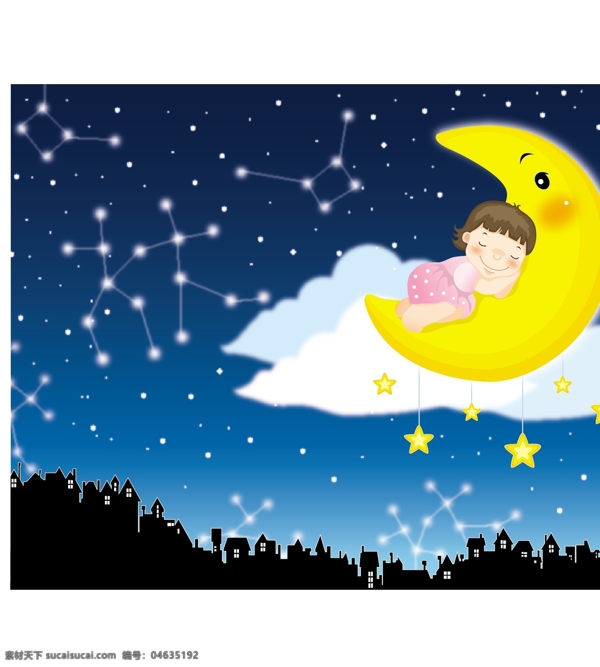 睡 月亮 上 孩子 童话 浪漫 天空 星星 夜空 蓝色