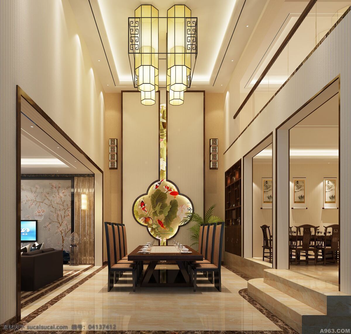 中式大厅 家装效果图 大堂灯 大堂装修 宽广大厅 客厅效果图 客厅 3d设计 室内模型
