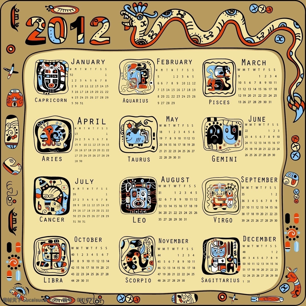 龙 2012 年历 矢量 年 日历 图形 涂鸦 中国龙 龙的 年的摘要 矢量图 其他节日