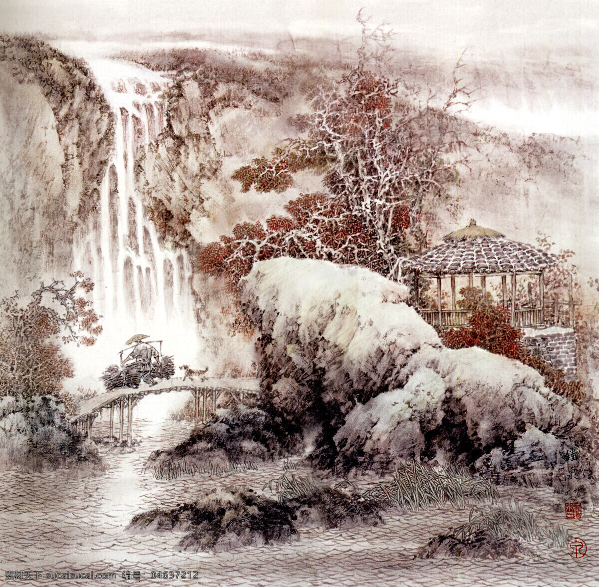 十里山水 工笔山水画 中国水墨画 山水风景 小写意画 传统山水画 古代山水画 松树古木 山亭 木桥 大瀑布 刘铁 泉 工笔 山水 绘画书法 文化艺术