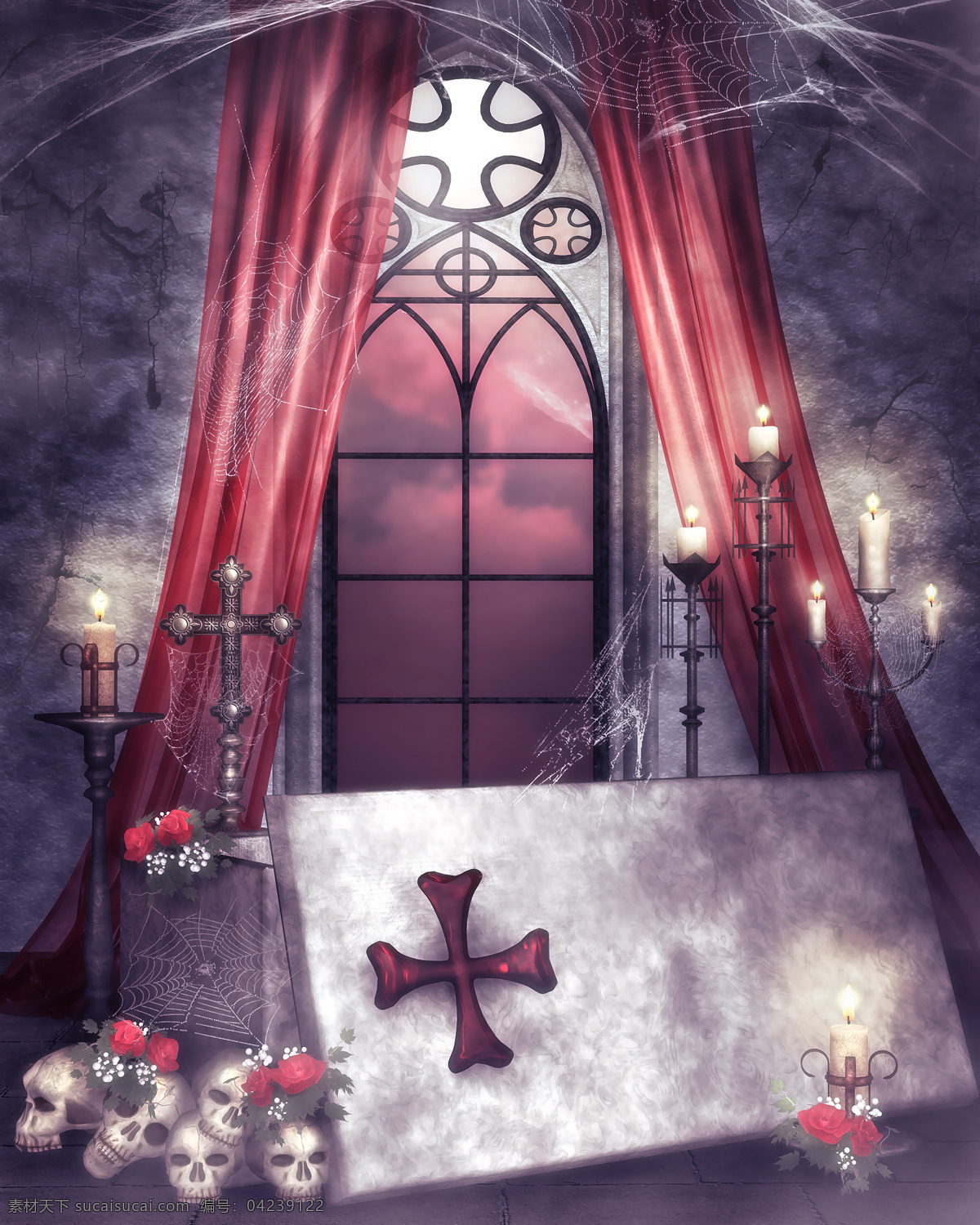 染 血 十字架 骷髅头 玫瑰花 蜘蛛网 红色十字架 废弃的教堂 童话场景 背景图片