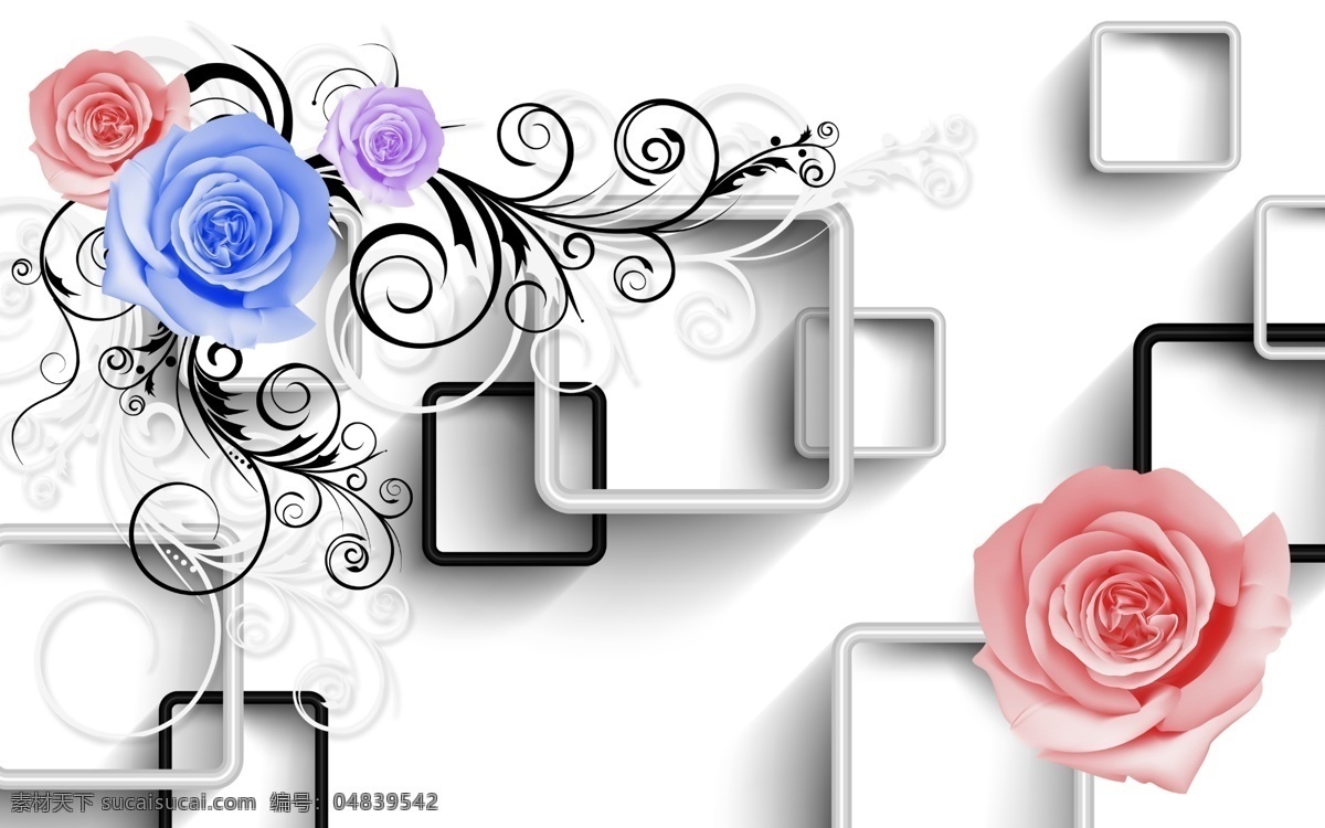 立体背景图 立体 方框 黑白 花朵 玫瑰 背景墙 壁画 白色