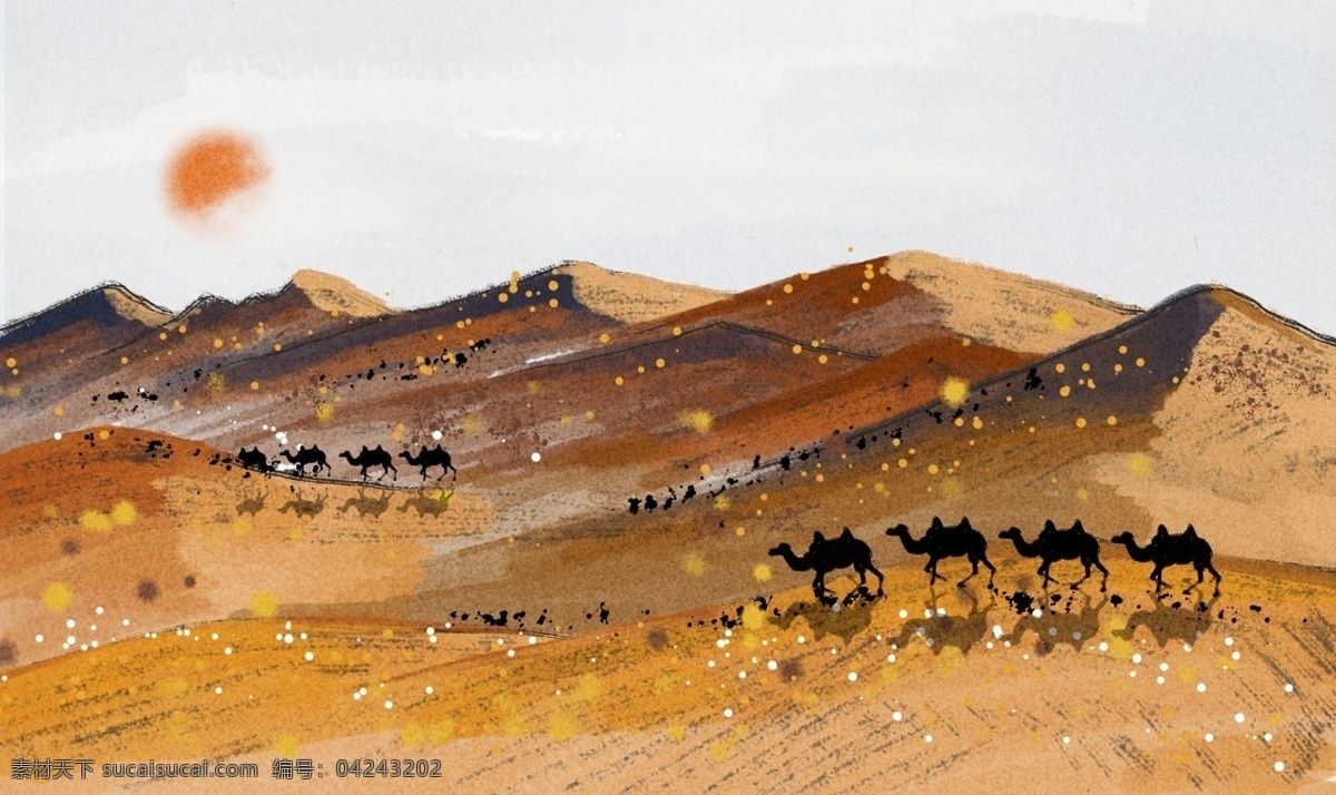 沙漠 复古 国风 插画 卡通 背景 古风背景 分层