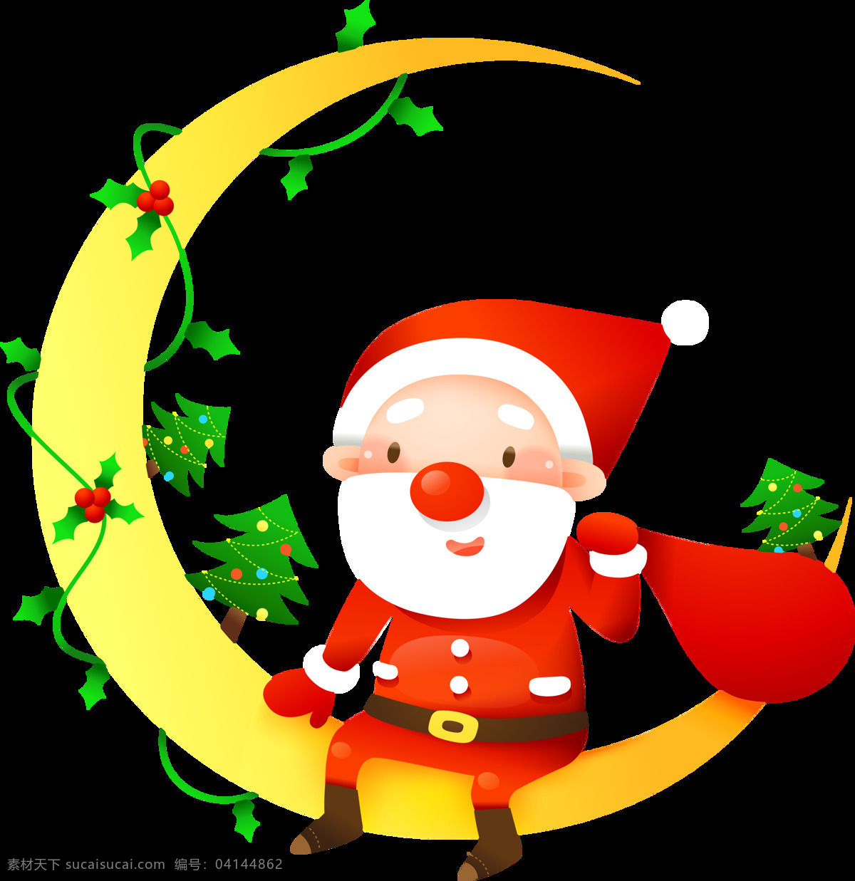 卡通 月亮 上 圣诞老人 元素 png元素 节日 礼物 免抠元素 圣诞 透明素材 晚上