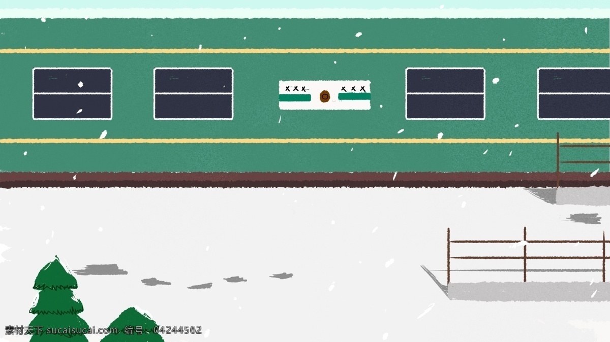 绿色 火车 车厢 室内 插画 背景 火车车厢 广告背景 手绘背景 卡通背景 插画背景 绿色火车 冬季背景