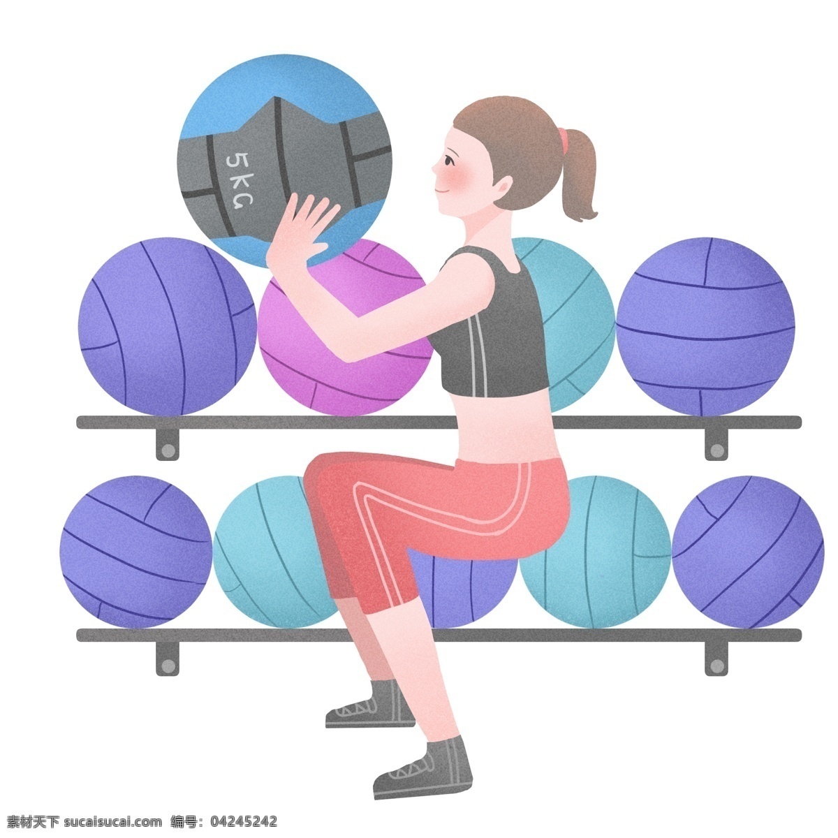 健身房 举 球 女孩 插画 举着球的女孩 锻炼身体 健身器材 彩色的球 运动人物插画 卡通插画