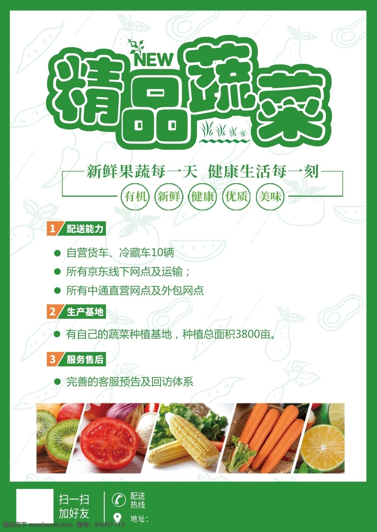 精品蔬菜 绿色 水果 蔬菜 有机 配送 新鲜 海报 简约 时尚 精致 天然 健康 广告 展架