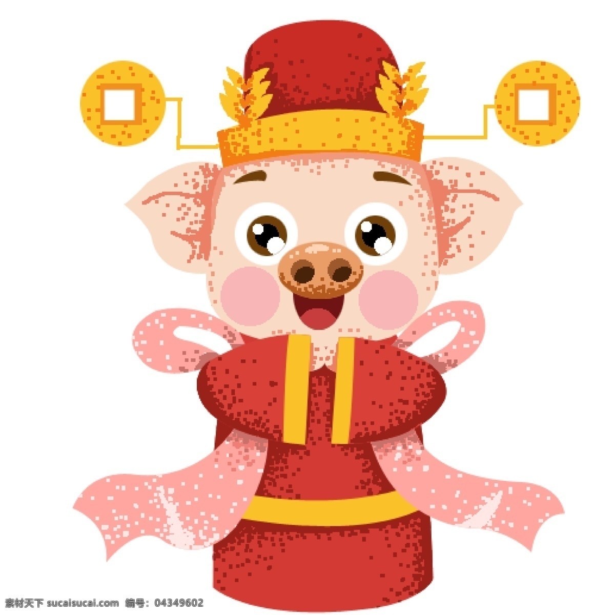 喜庆 大年初二 拜年 财神 猪 卡通 插画 红色 手绘 财神到 春节元素 2019年 新年 猪年 小猪形象 猪年形象