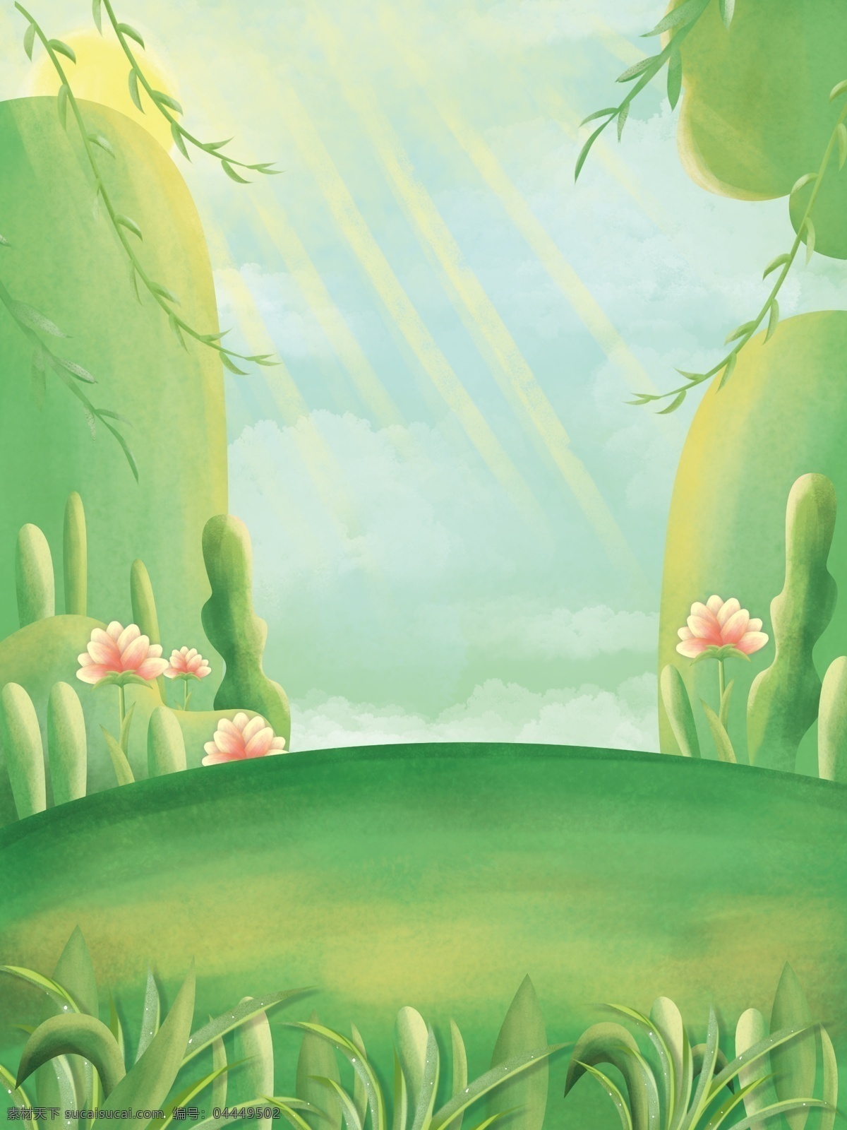 卡通 手绘 绿色植物 风景 插画 背景 景色插画背景 手绘背景 绿色背景 治愈系背景 插画背景 唯美 草地背景