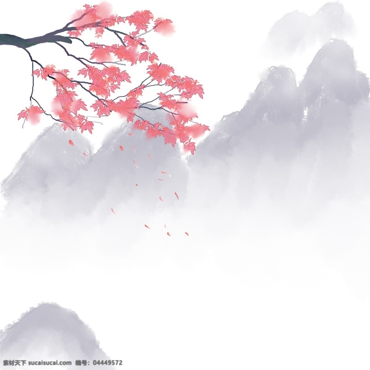 卡通 手绘 中国 风 山水 卡通手绘 中国风 山水画 水彩 水墨 小清新 唯美 山 山峰 红色的枫叶 飘落 树叶