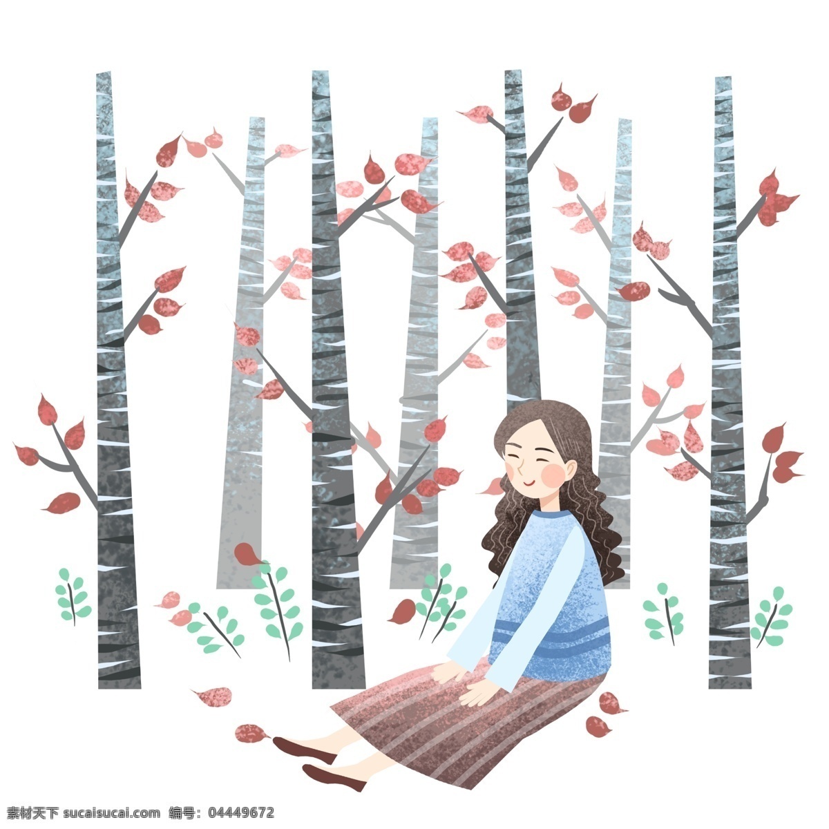 踏青 休息 小女孩 踏青人物插画 休息的小女孩 红色的叶子 绿色的小草 植物装饰 卡通人物