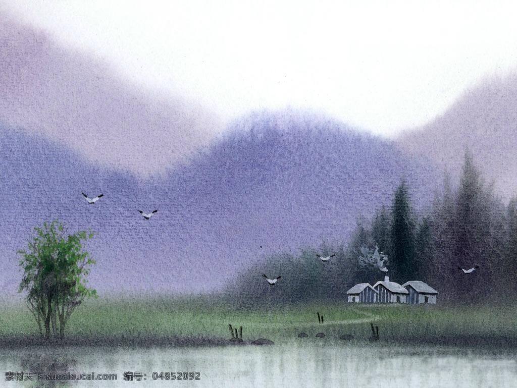 意境免费下载 房子 风景 国画 海鸥 绘画 清新 山水 水彩 水墨风景 渲染 意境 艺术 中国画 文化艺术