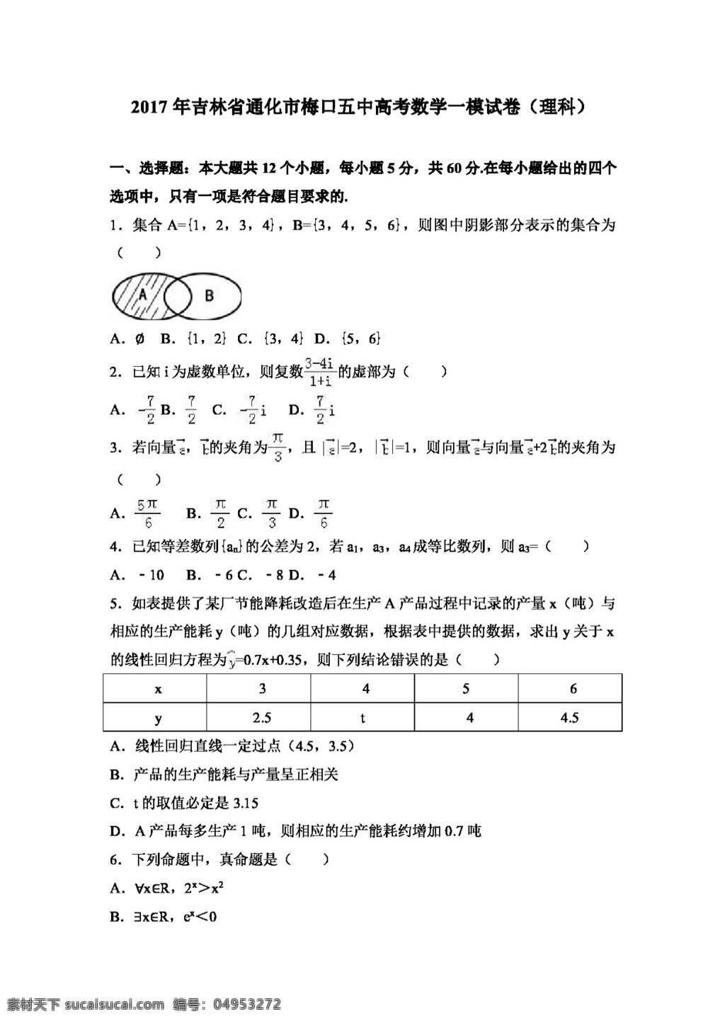 数学 苏 教 版 2017 年 吉林省 通化市 梅 口 五中 高考 模 试卷 理科 高考专区 苏教版