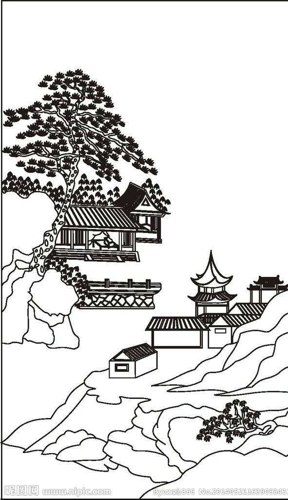 青松古寺 山水矢量图 矢量图下载 风景 山水图 激光雕刻图 美术绘画 文化艺术 矢量