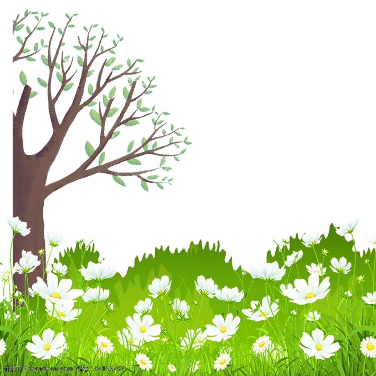 清新 自然 春意盎然 春风 节气 节日 元素 大树 草地 树叶 节日元素 白色小花 自然气候