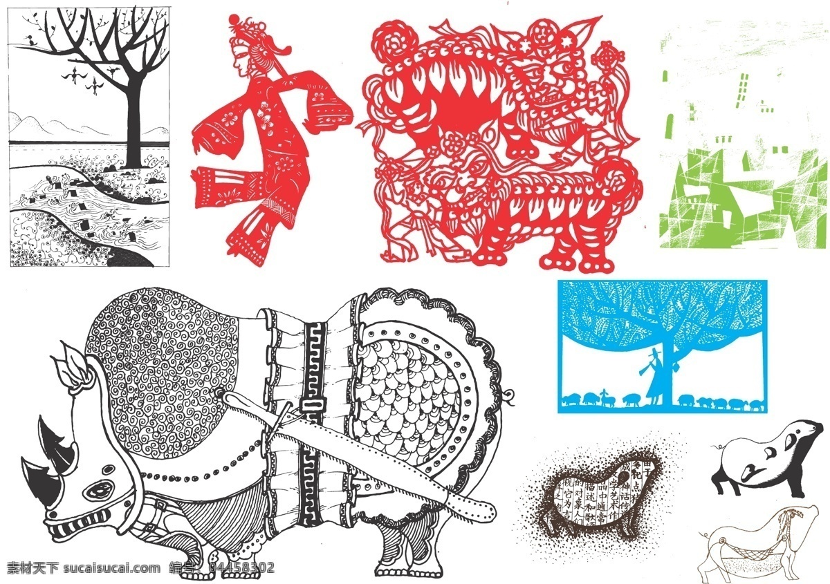 手免费下载 剪纸 节日 漂亮的 文本 犀牛 装饰画 有创意的图形 猪和羊 妻子的牧羊人 矢量图