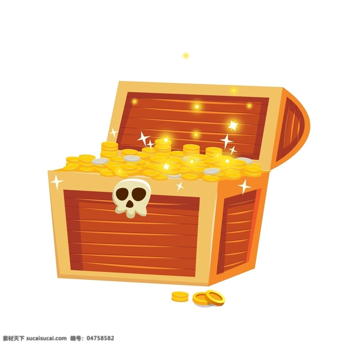 卡通 黄色 宝 箱 插图 黄色的宝箱 黄色的金币 白色的骷髅头 闪闪 发光 金币 银色的银币 储放宝物 打开的宝箱