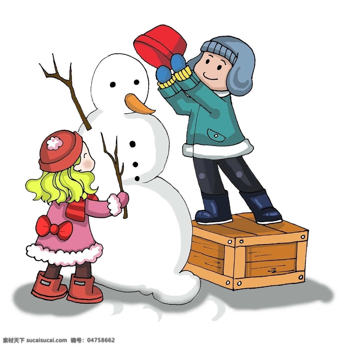 兄妹 两个 堆 雪人 卡通 手绘 插画 堆雪人 两个男孩滑雪 妈妈和小孩 亲子装 妈妈 温情的一家 兄妹堆雪人 冬天 骑 麋鹿 小孩
