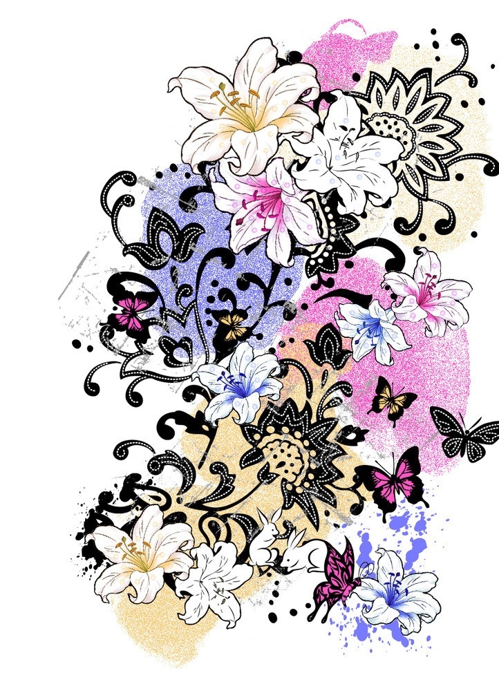 花朵 手绘 百合 蝴蝶 烂纹 花纹 服装 印花 图案 印花图案 矢量 枝叶 线描 花草 生物世界