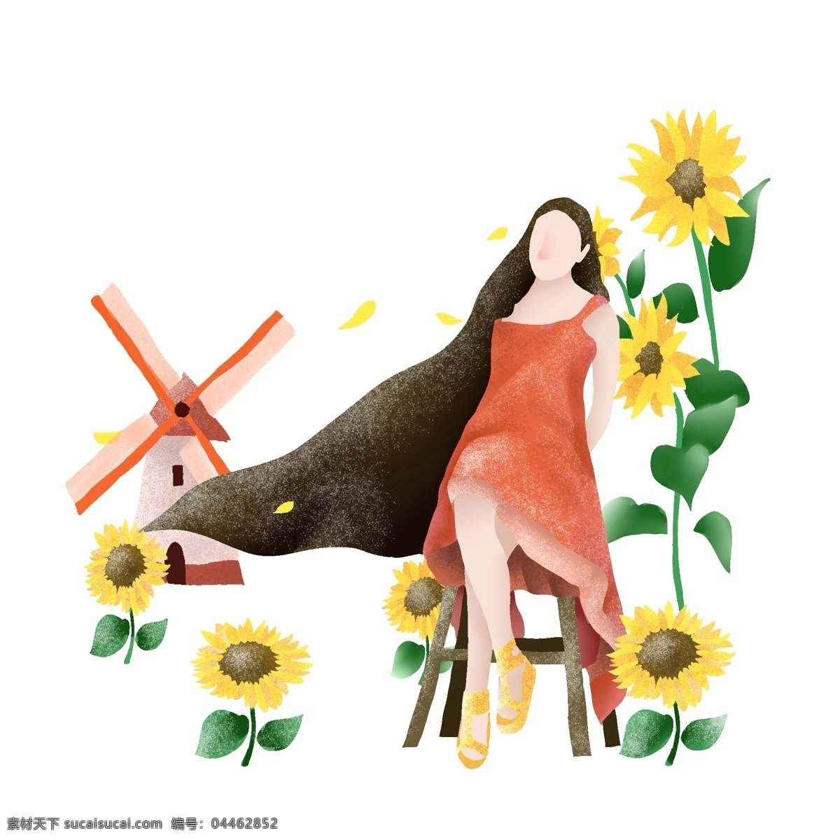 春季 坐 小女孩 春季人物插画 坐着的小女孩 黄色的小花 绿色的叶子 植物装饰 红色的风车