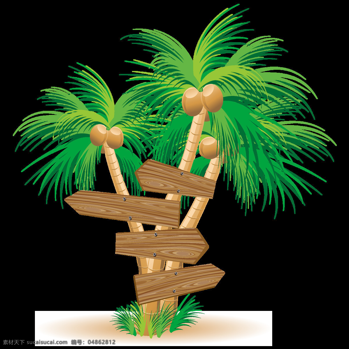 卡通 绿色 椰子树 元素 png元素 度假 海边 路标 旅游 免抠元素 透明素材 休闲 椰子