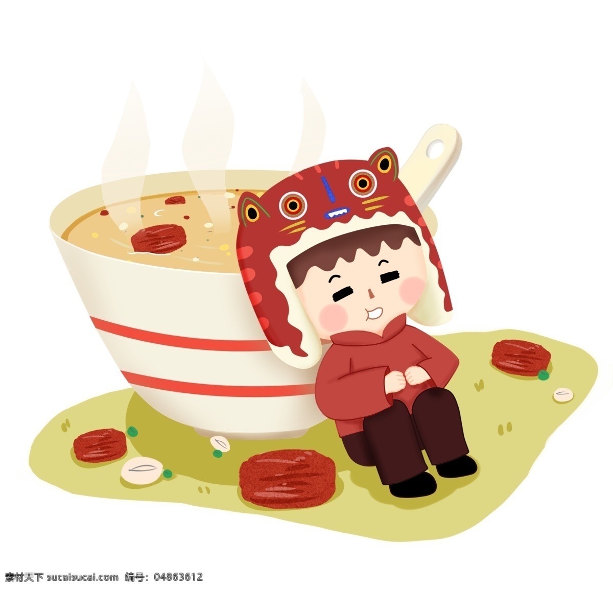 腊八节 人物 腊八粥 白色的碗 漂亮的小女孩 手绘红枣 插画 美味的腊八粥 红色的红枣 红色 狮子 帽子