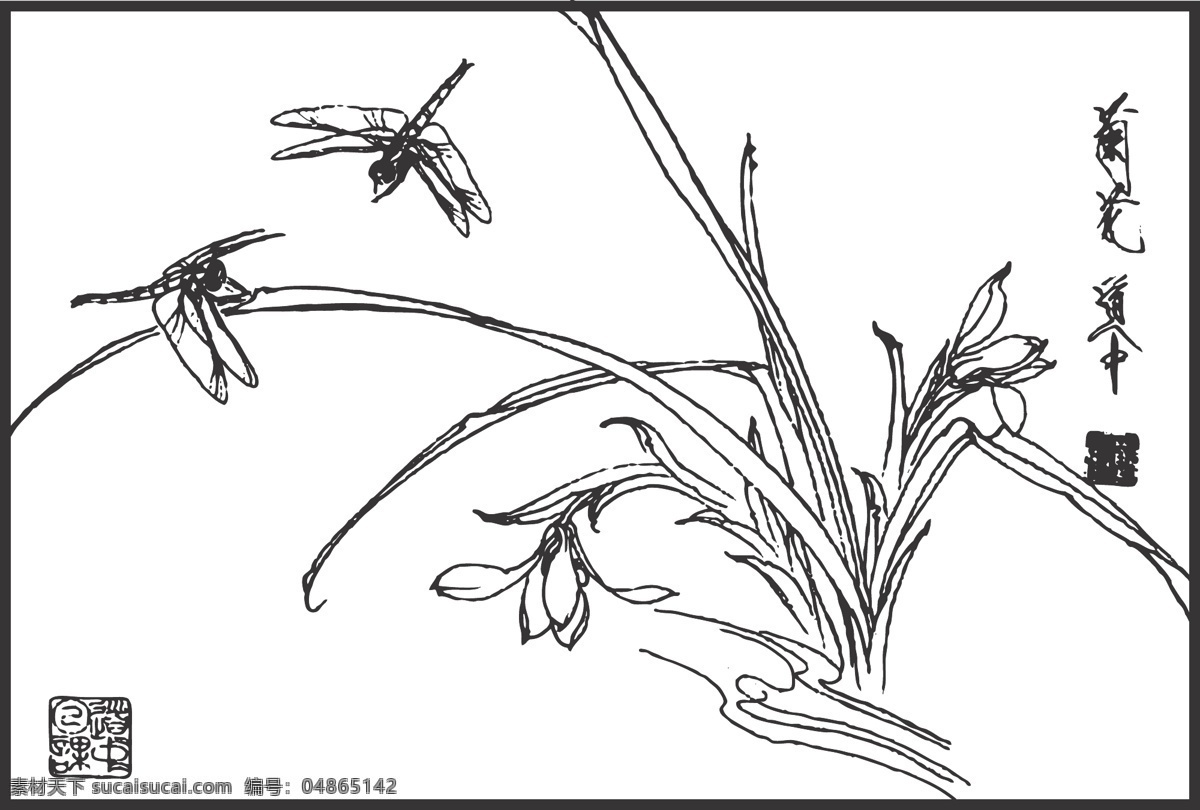 蜻蜓与花卉 蜻蜓 花卉 昆虫 植物 观赏 线条 矢量 传统 民俗 装饰 插画 花卉白描图 生物世界 花草