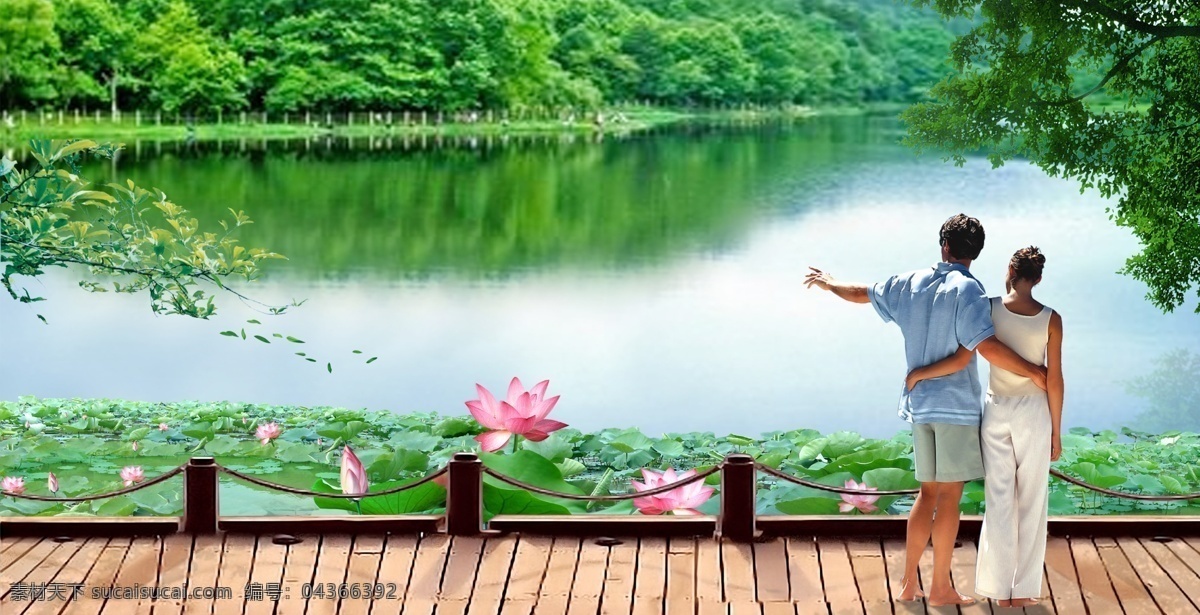 江边 景观 地产 风景 荷花 荷叶 湖水 情侣 人物 树林 江边景观 psd源文件