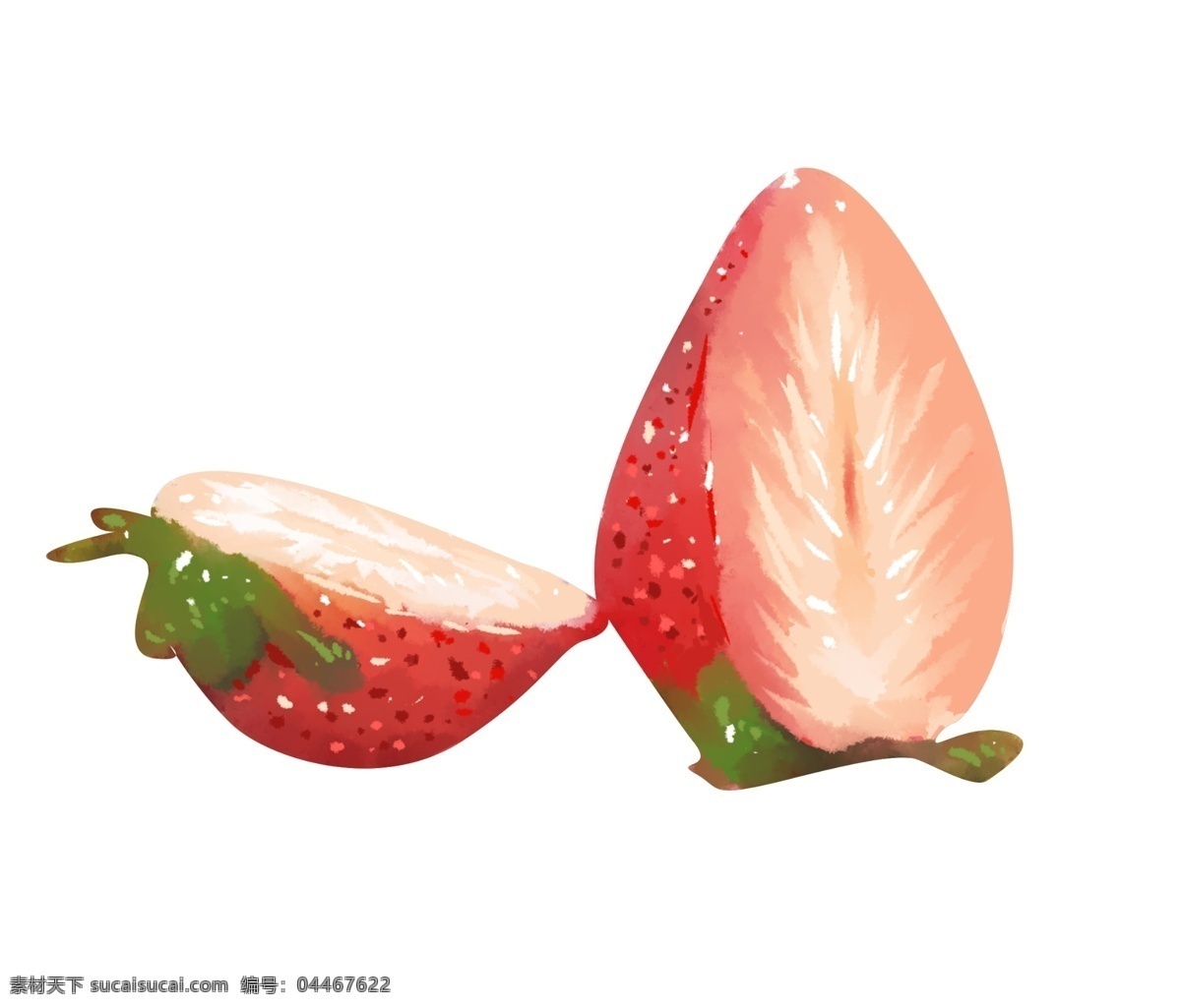 果肉 草莓 手绘 插画 手绘草莓 绿色的叶子 叶子装饰 新鲜草莓 果肉草莓 切开的草莓 漂亮的草莓