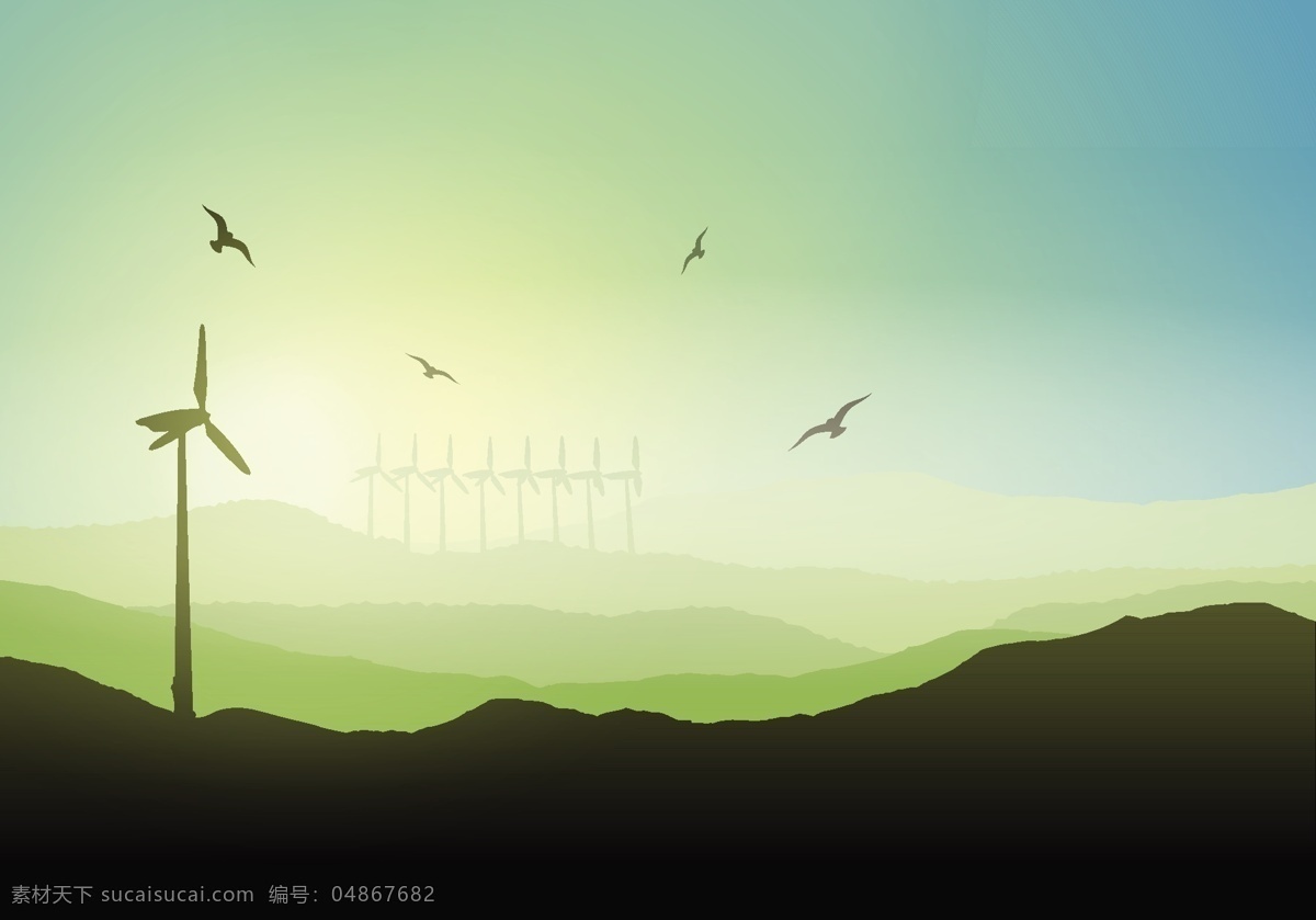 风力 涡轮机 景观 背景 阳光 自然 绿色景观 绿色的背景 鸟 能量 风 山 自然背景 绿色能源 轮廓 农村 再生 能源 发电机组 风力发电机 风力发电 可再生 黑色