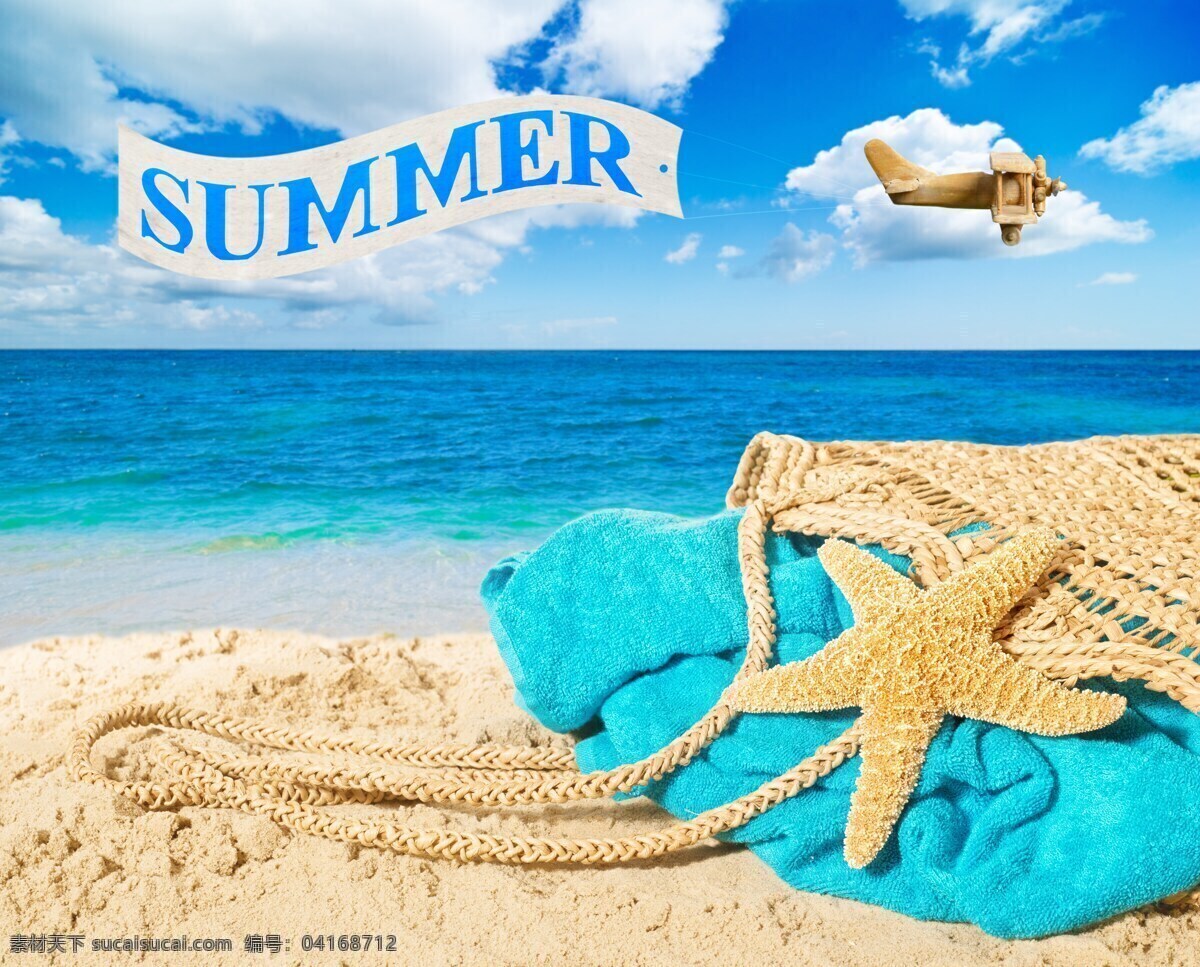 海滩 大海 沙滩 飞机 蓝天 白云 美景 热带 旅行 海洋 海星 清澈 帽子 毛巾 休闲 度假 盛夏 炎热 夏天来了 生活百科 娱乐休闲